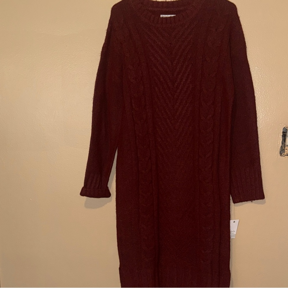 Knit Long Sleeve Sweater Dress - Deep Wine